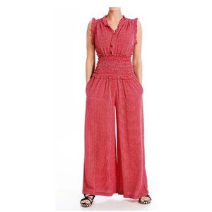 Max Studio Women's V-Neck Smocked Waist Jumpsuit, Red/Cream, Small